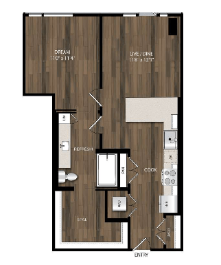 Floor plan for 1 bed, 1 bath, 725 sqft